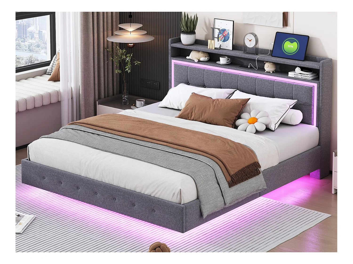 Lit capitonné 160x200cm en tissu lin - avec prise USB et LED - Gris