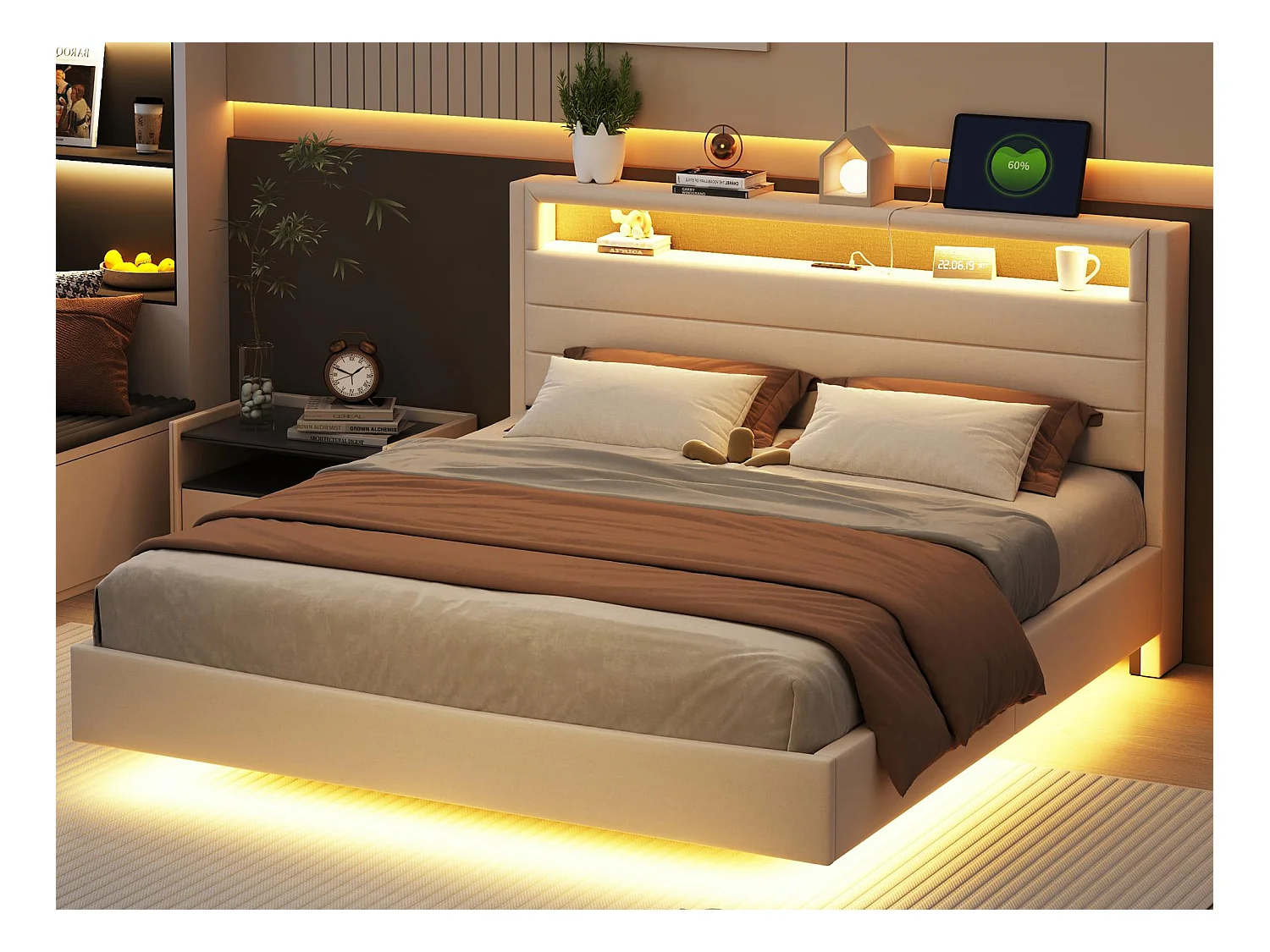 Lit capitonné 160x200cm en tissu lin - avec prise USB et LED - tête de lit réversible - Beige