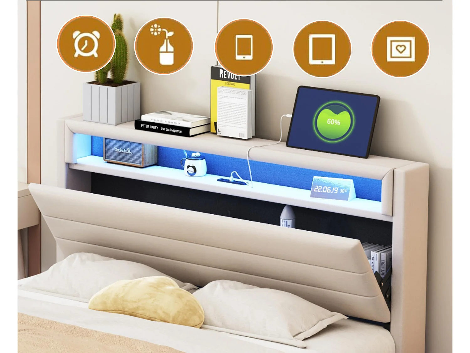 Lit capitonné 160x200cm en tissu lin - avec prise USB et LED - tête de lit réversible - Beige