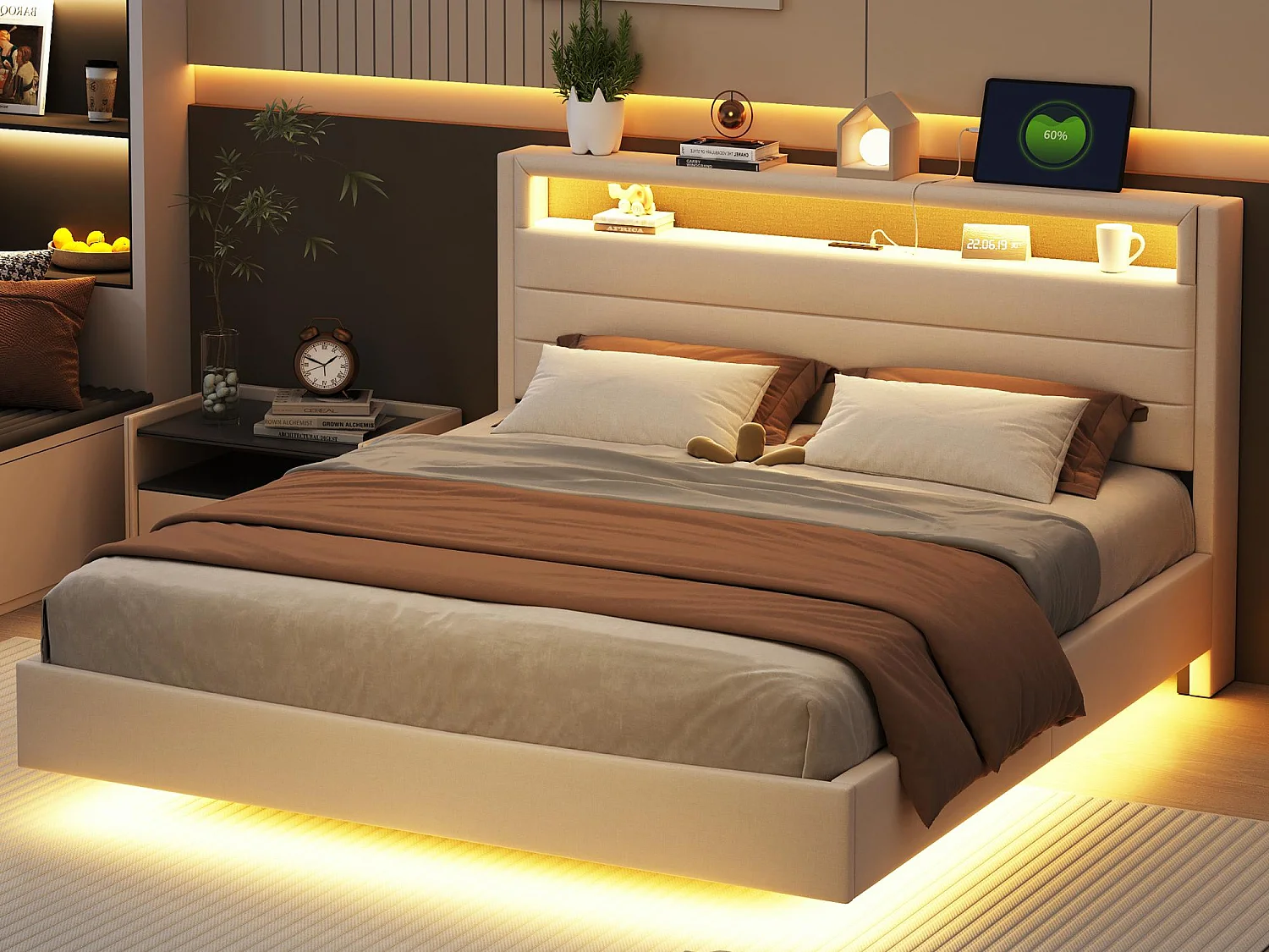 Lit capitonné 160x200cm en tissu lin - avec prise USB et LED - tête de lit réversible - Beige