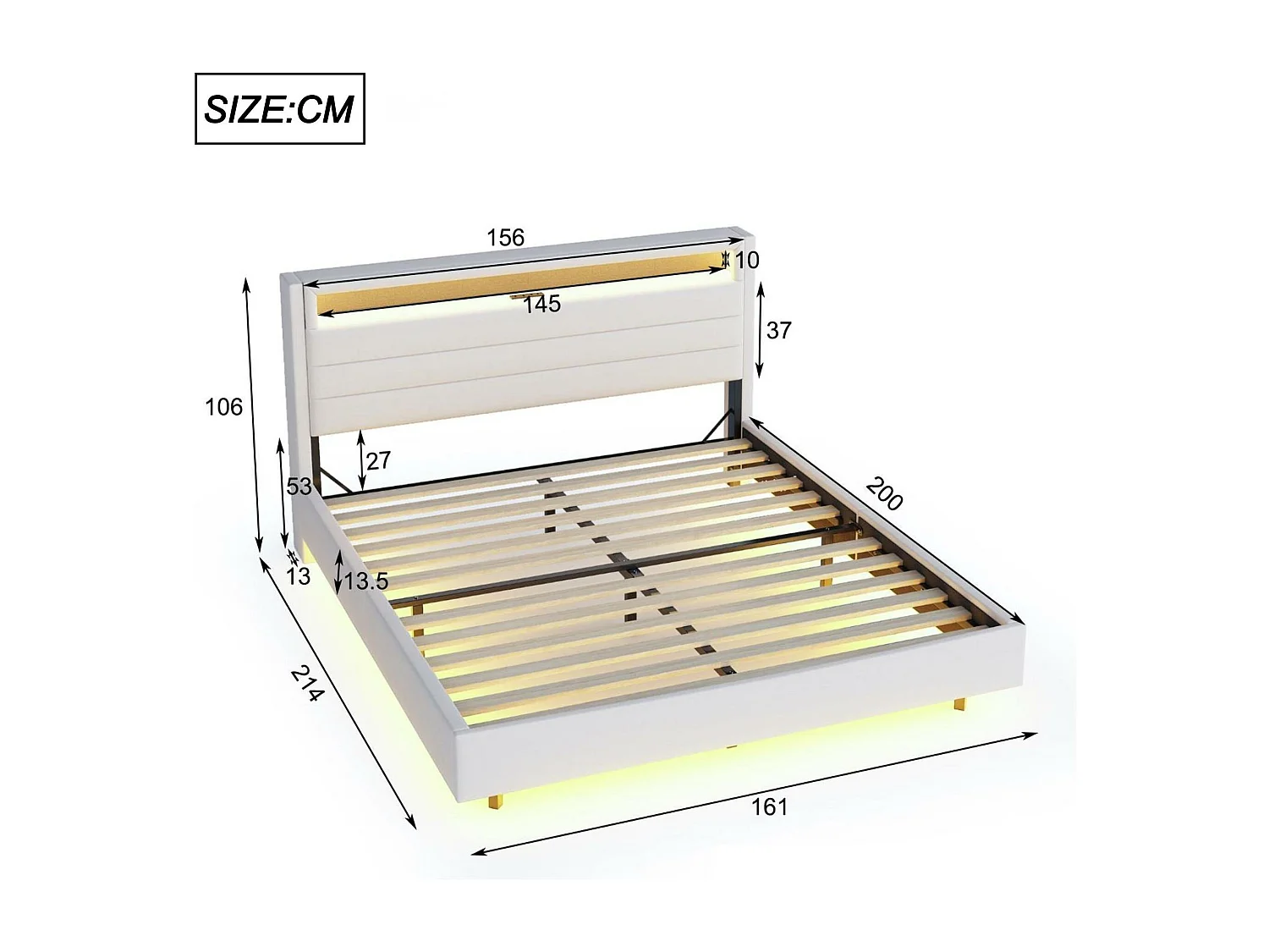 Lit capitonné 160x200cm en tissu lin - avec prise USB et LED - tête de lit réversible - Beige