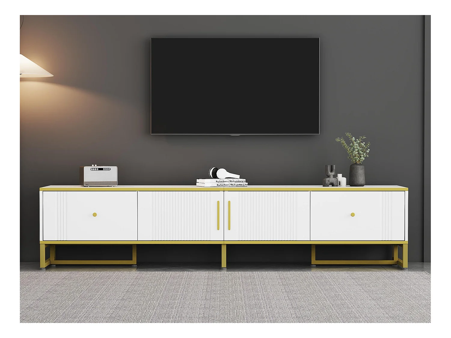 Meuble TV 180cm pour TV 80" - 2 portes & 2 tiroirs - Blanc