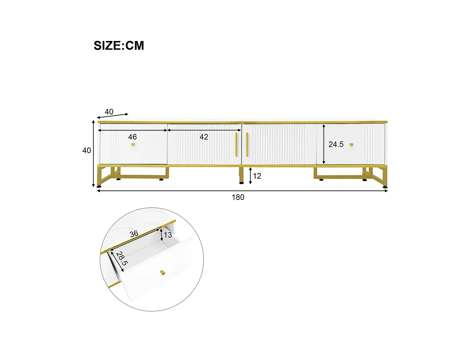 180-cm-TV-Schrank für 80-Zoll-Fernseher – 2 Türen und 2 Schubladen – Weiß