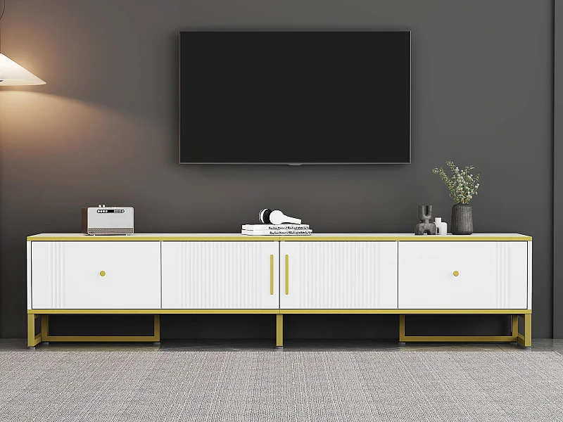 Meuble TV 180cm pour TV 80" - 2 portes & 2 tiroirs - Blanc