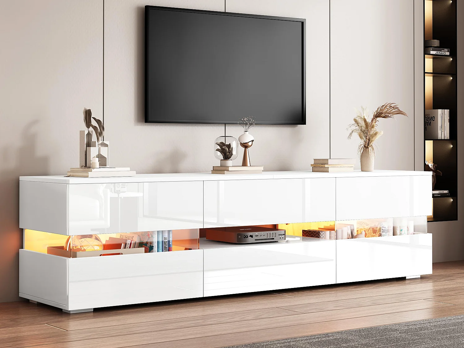 Meuble TV 160cm pour TV 70" avec LED - 2 portes & 1 tiroir - Blanc