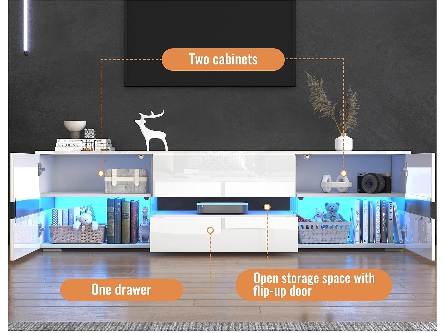 Meuble TV 160cm pour TV 70" avec LED - 2 portes & 1 tiroir - Blanc