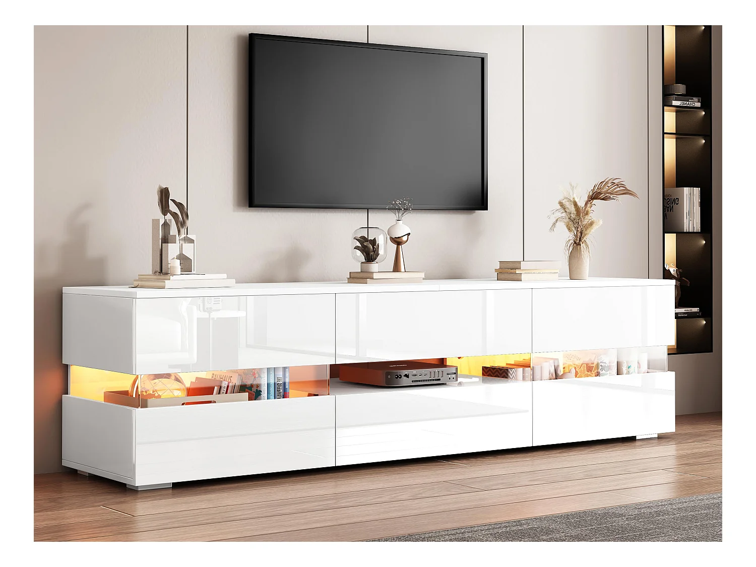 Meuble TV 160cm pour TV 70" avec LED - 2 portes & 1 tiroir - Blanc
