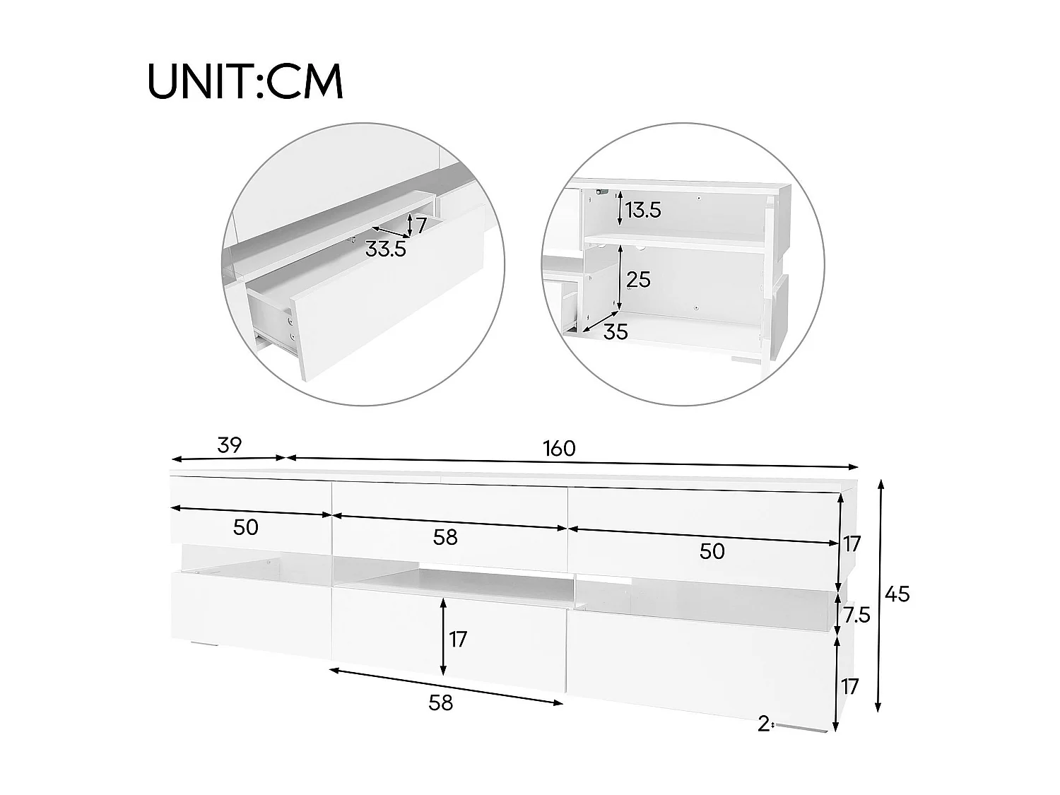 Mobile TV da 160 cm per TV da 70" con LED - 2 ante e 1 cassetto - Bianco