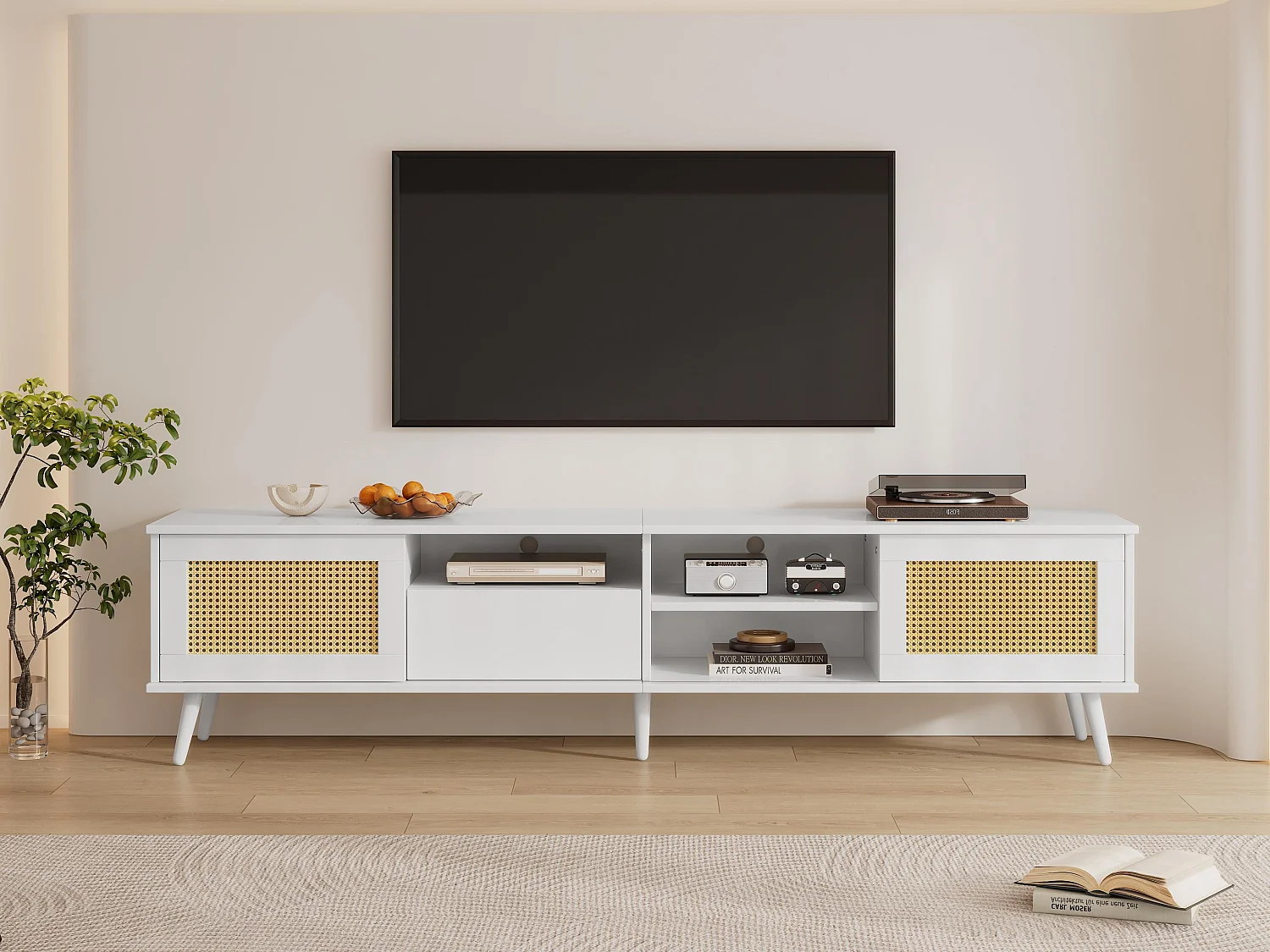 Meble TV 200 cm na telewizor 90" - 2 drzwi z rattanu & 1 szuflada & 3 przegrody - Biały