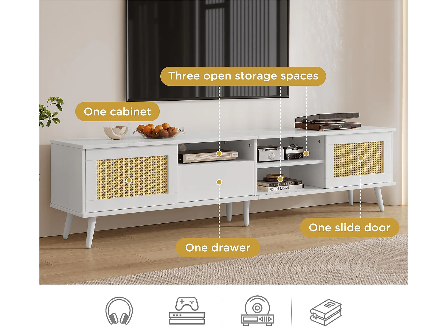 Meble TV 200 cm na telewizor 90" - 2 drzwi z rattanu & 1 szuflada & 3 przegrody - Biały