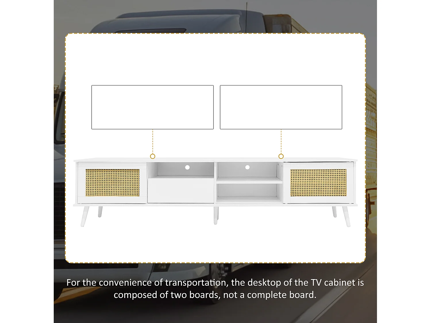 Meble TV 200 cm na telewizor 90" - 2 drzwi z rattanu & 1 szuflada & 3 przegrody - Biały