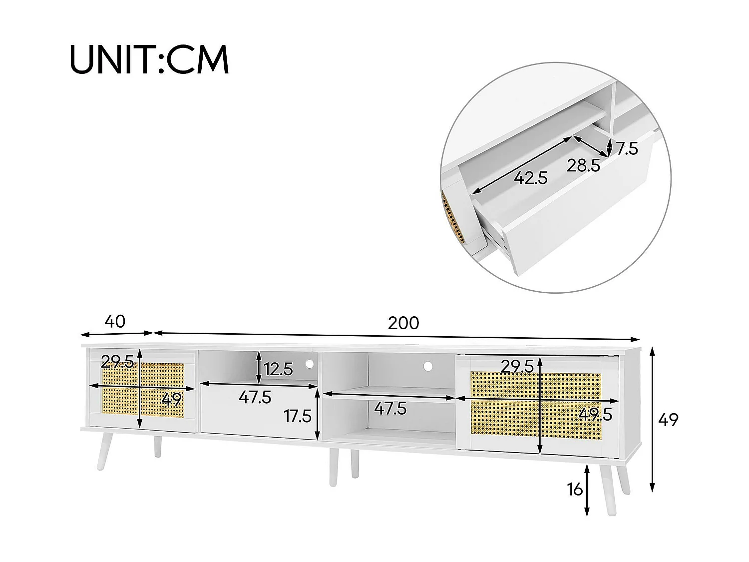 Meble TV 200 cm na telewizor 90" - 2 drzwi z rattanu & 1 szuflada & 3 przegrody - Biały