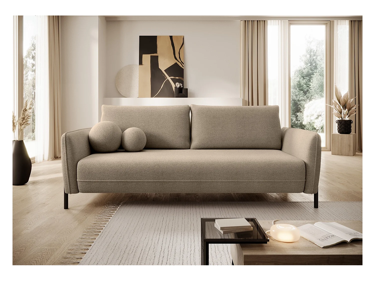 Canapé convertible 3 places - en tissu chenille beige imperméable - VERUCO