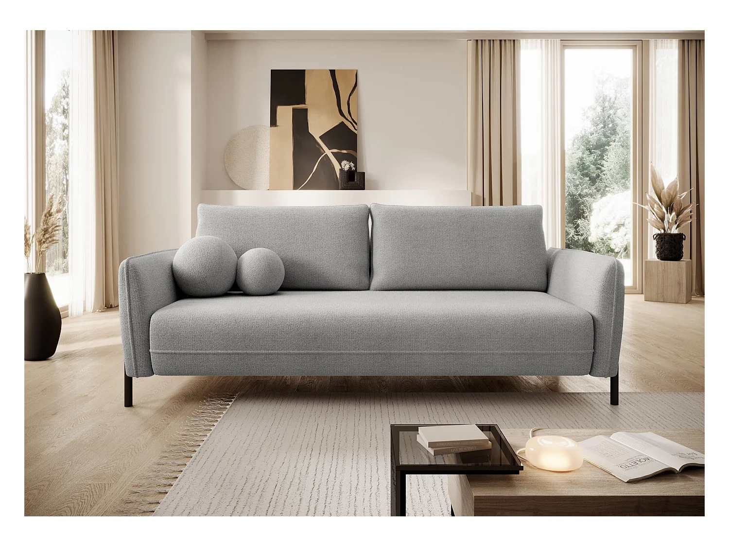 Canapé convertible 3 places - en tissu chenille gris imperméable - VERUCO