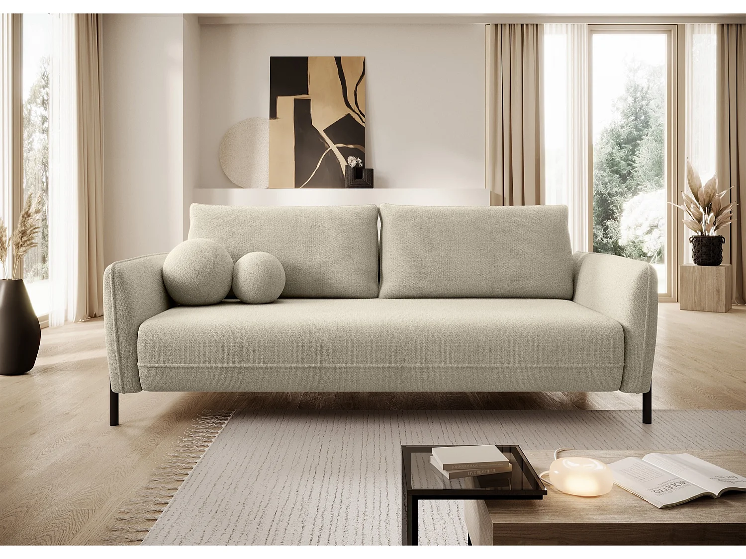 Sofa mit Schlaffunktion und Chenille-Bezug - Hellbeige - VERUCO