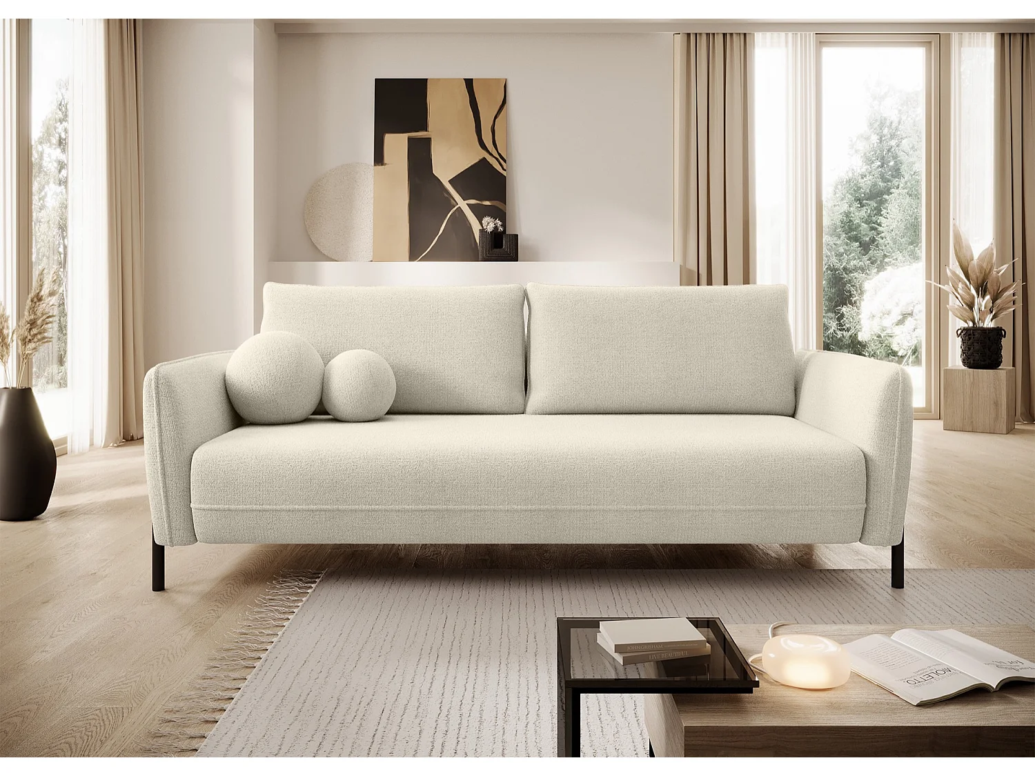 3-zits slaapbank - in waterdichte crèmekleurige chenillestof - VERUCO