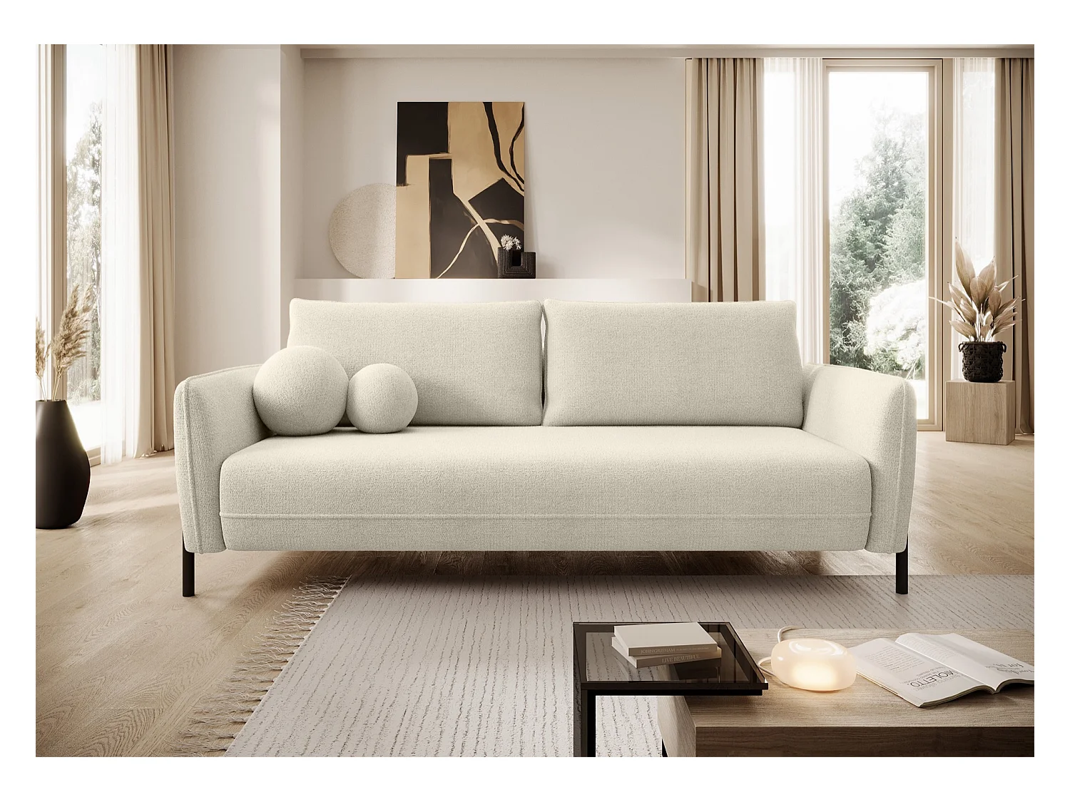 Canapé convertible 3 places - en tissu chenille crème imperméable - VERUCO