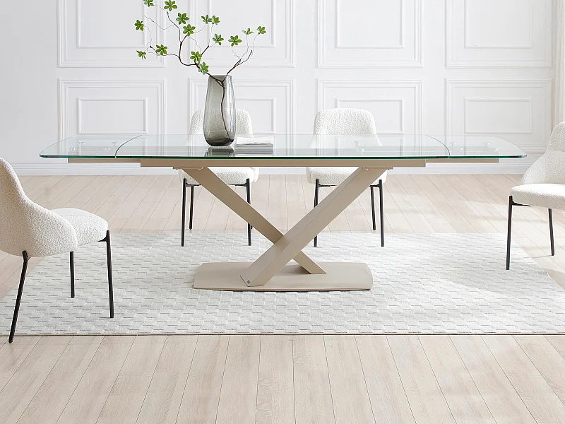 Verlengbare eettafel van 6 tot 10 plaatsen van gehard glas en metaal - Transparant en beige - MALATA van Maison Céphy