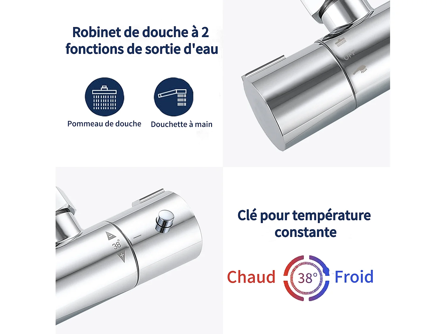 AICA Colonne de douche thermostatique en acier inoxydable, Pomme 200mm+Douchette 3 jets, Réglable en hauteur, Chromé