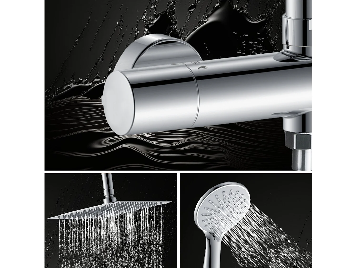 AICA Colonne de douche thermostatique en acier inoxydable, Pomme 200mm+Douchette 3 jets, Réglable en hauteur, Chromé