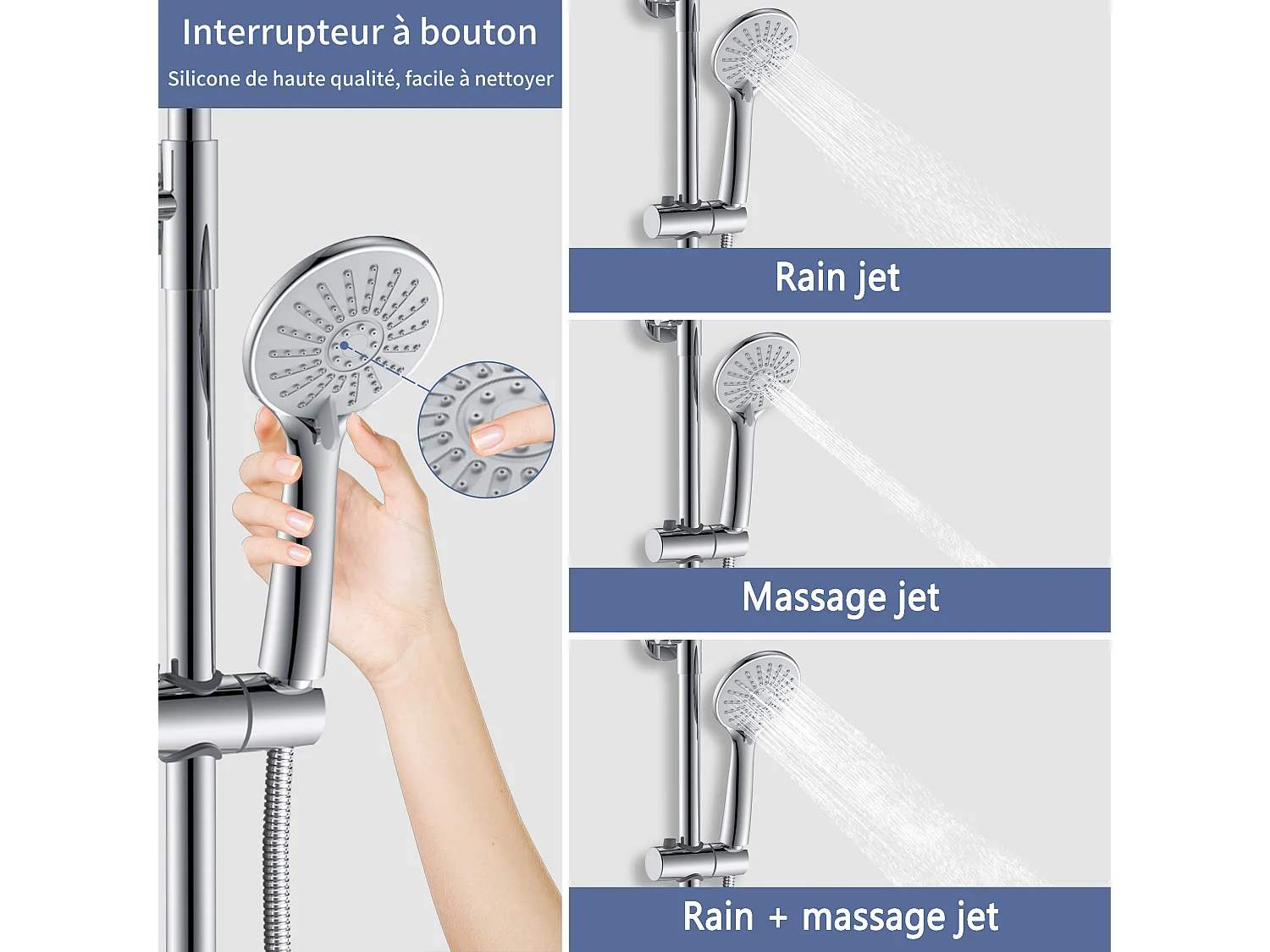 AICA Colonne de douche thermostatique en acier inoxydable, Pomme 200mm+Douchette 3 jets, Réglable en hauteur, Chromé
