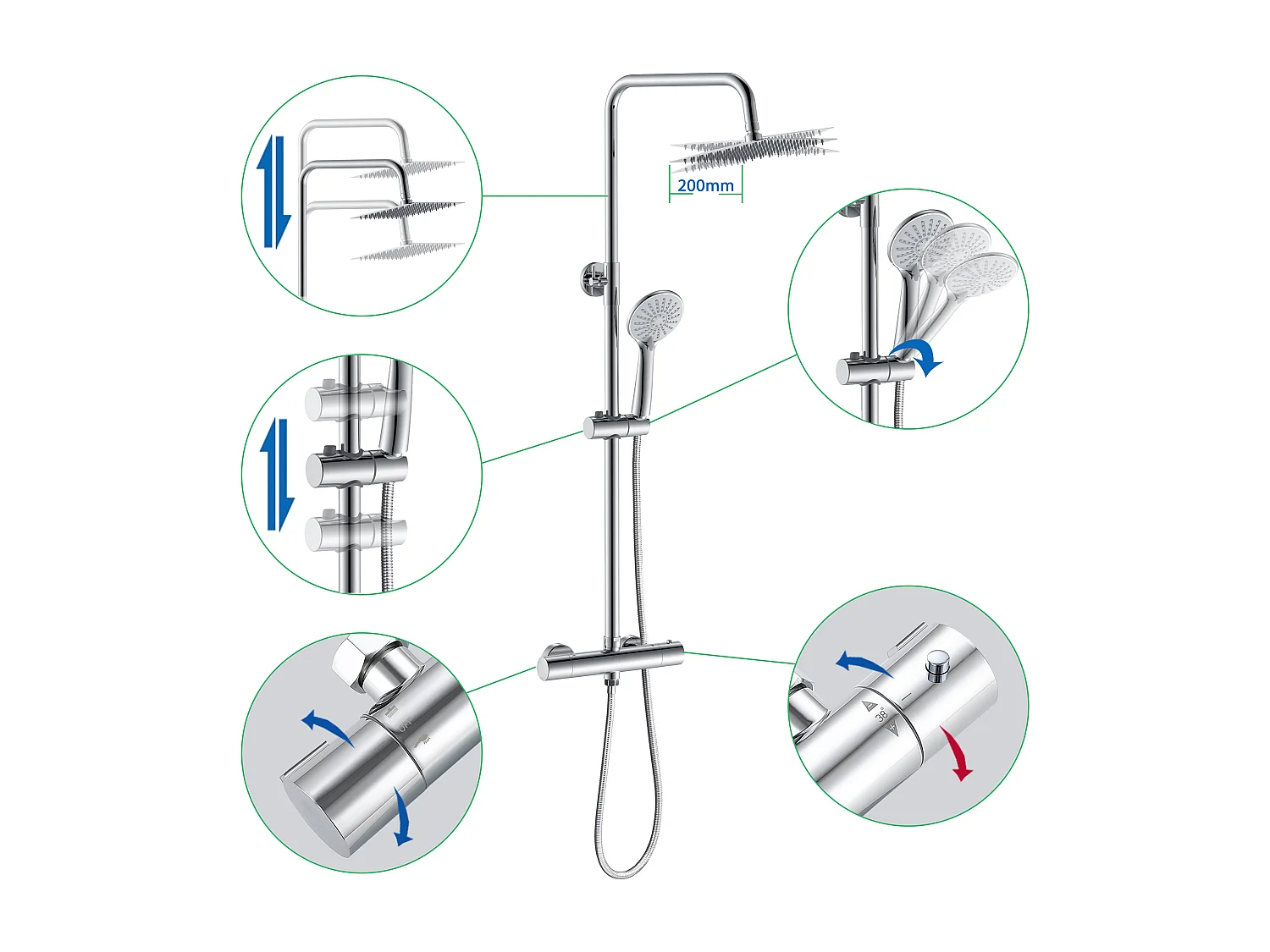 AICA Colonne de douche thermostatique en acier inoxydable, Pomme 200mm+Douchette 3 jets, Réglable en hauteur, Chromé