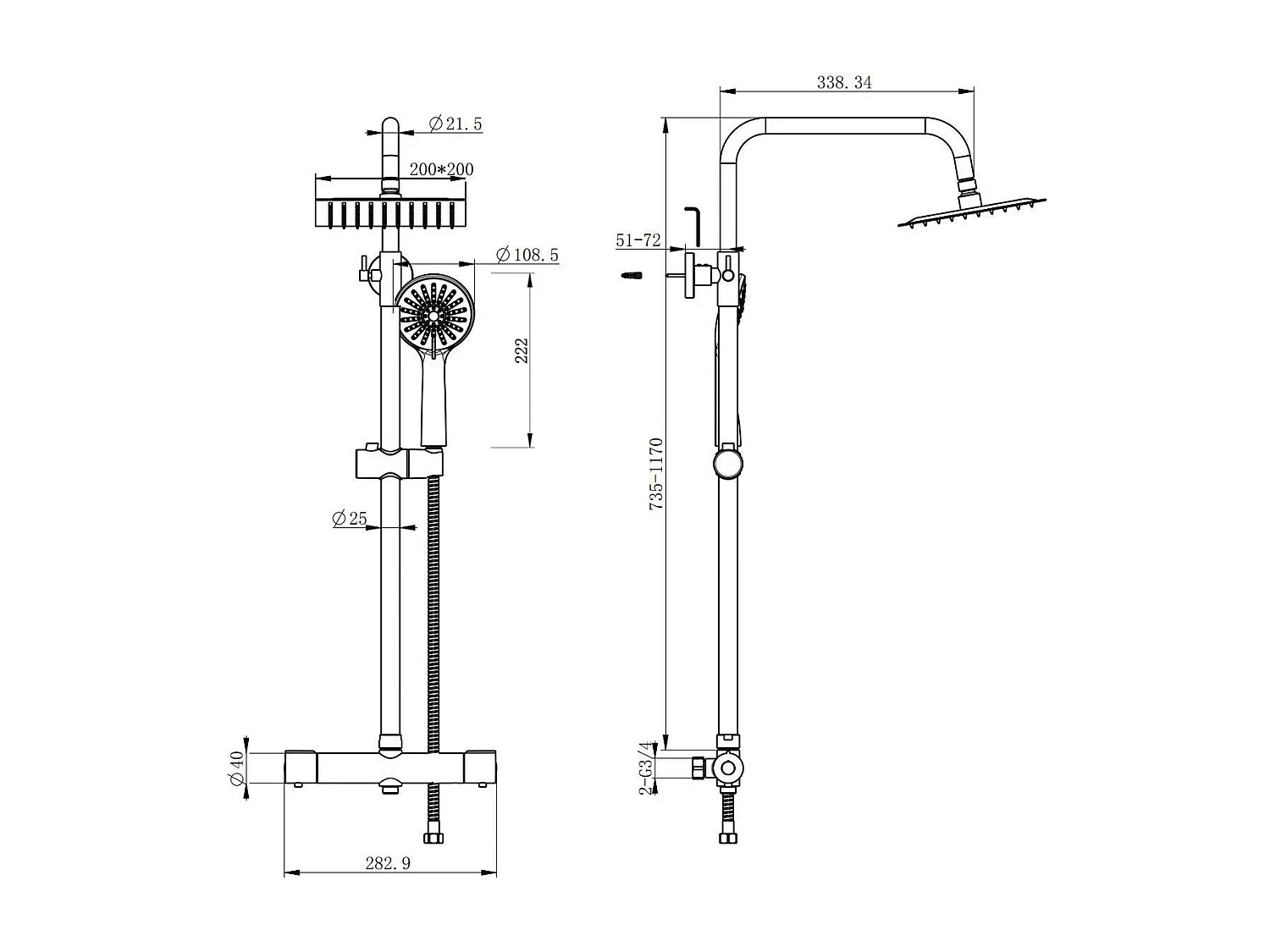 AICA Colonne de douche thermostatique en acier inoxydable, Pomme 200mm+Douchette 3 jets, Réglable en hauteur, Chromé