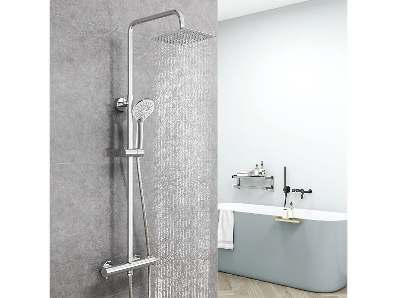 AICA Colonne de douche thermostatique en acier inoxydable, Pomme 200mm+Douchette 3 jets, Réglable en hauteur, Chromé