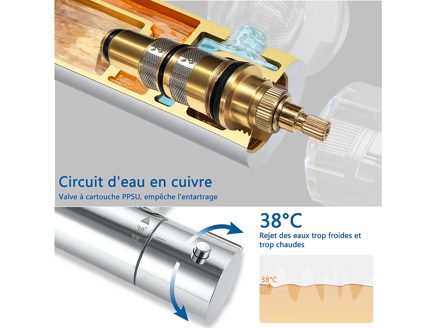 AICA colonne de douche thermostatique en acier inoxydable avec douchette 3 jets, réglable en hauteur