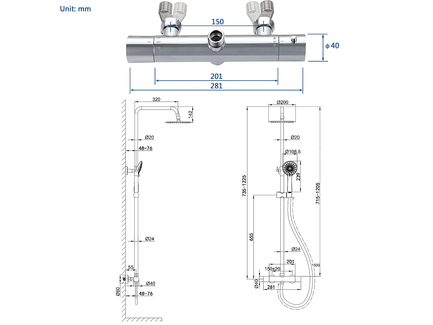 AICA colonne de douche thermostatique en acier inoxydable avec douchette 3 jets, réglable en hauteur