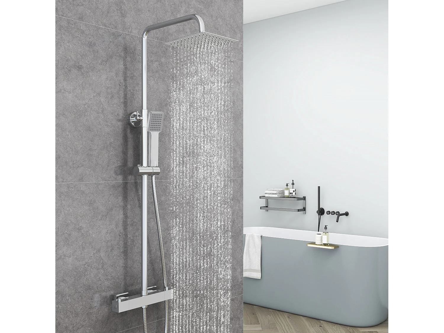 AICA Colonne de douche thermostatique chromé- Ensemble de douche en laiton- Réglable en hauteur