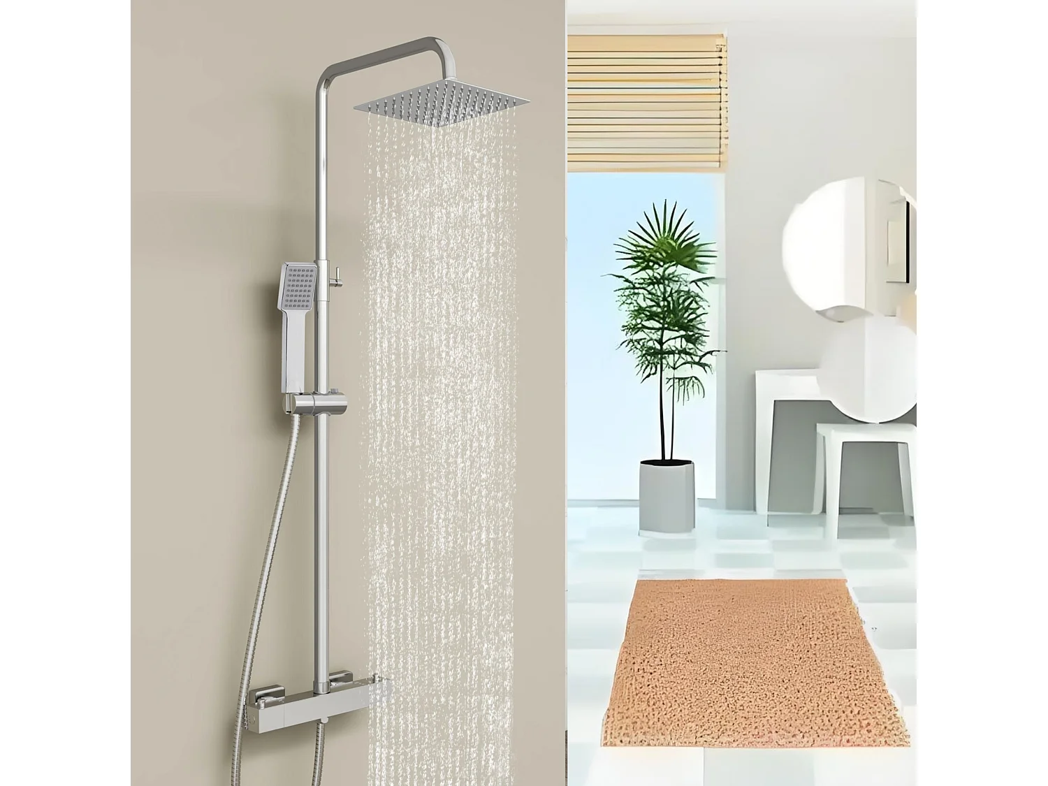 AICA Colonne de douche thermostatique chromé- Ensemble de douche en laiton- Réglable en hauteur