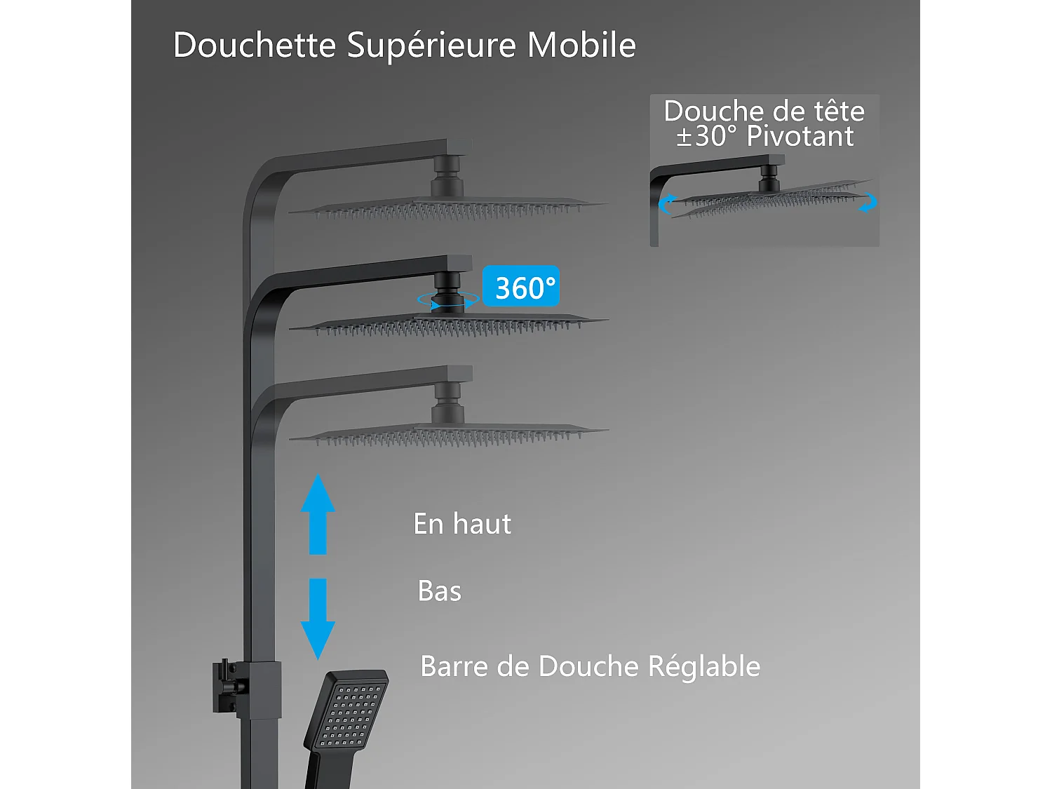 AICA Colonne de Douche Thermostatique- Kit de Douche avec Mitigeur Réglable en Hauteur- Noir