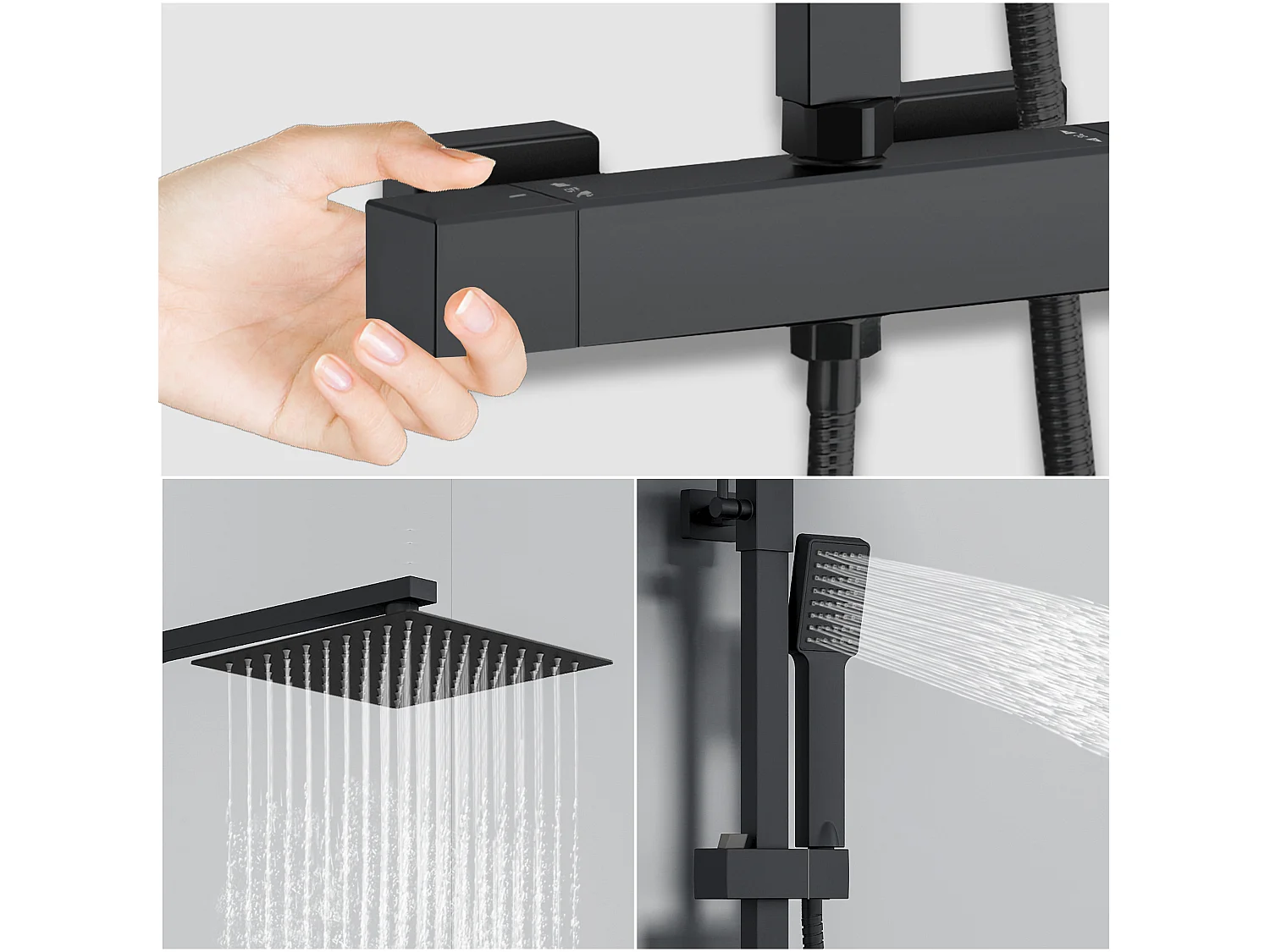 AICA Colonne de Douche Thermostatique- Kit de Douche avec Mitigeur Réglable en Hauteur- Noir