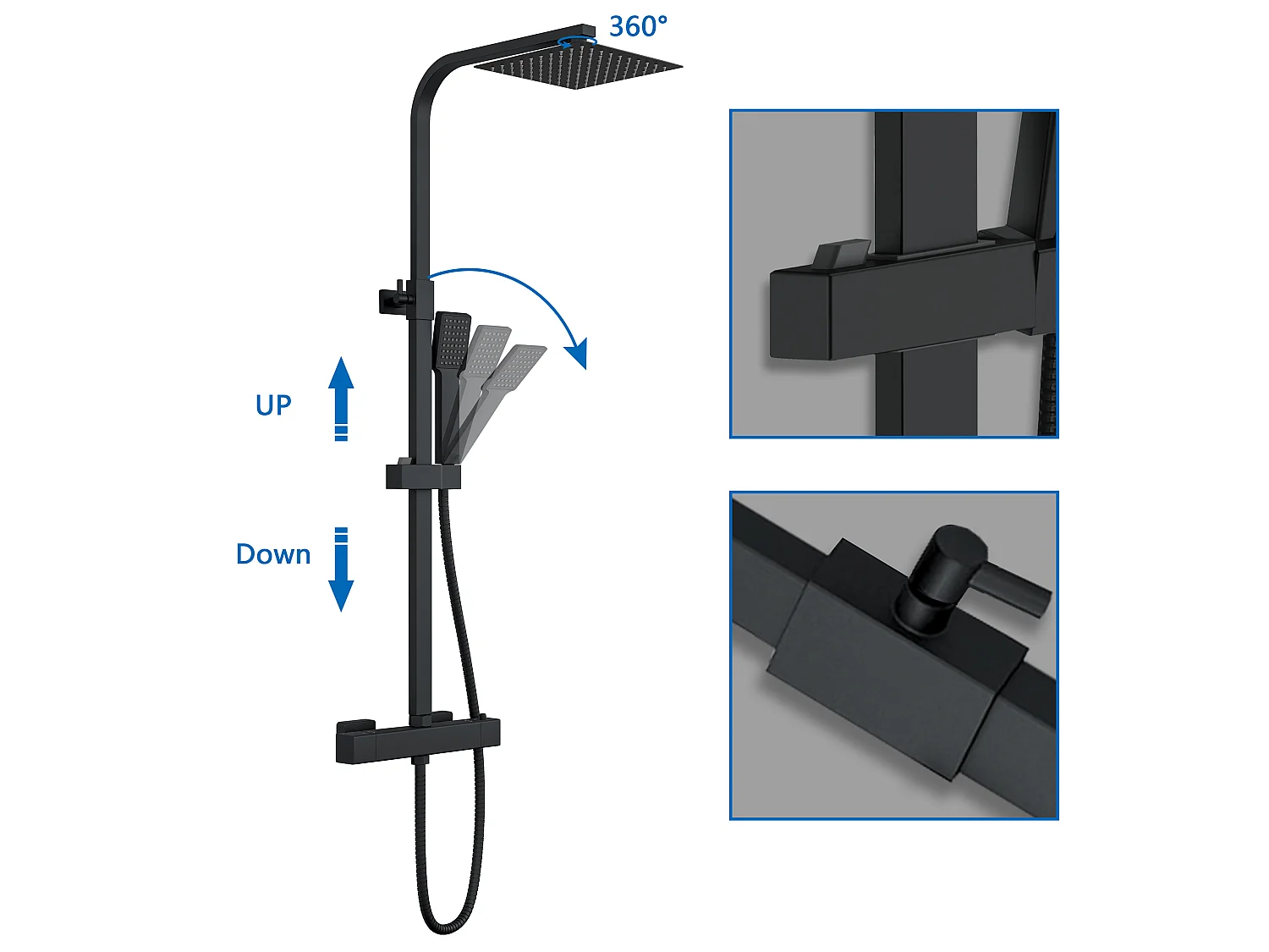 AICA Colonne de Douche Thermostatique- Kit de Douche avec Mitigeur Réglable en Hauteur- Noir