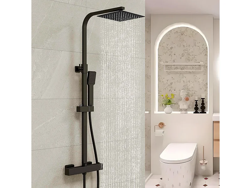 AICA Colonne de Douche Thermostatique- Kit de Douche avec Mitigeur Réglable en Hauteur- Noir