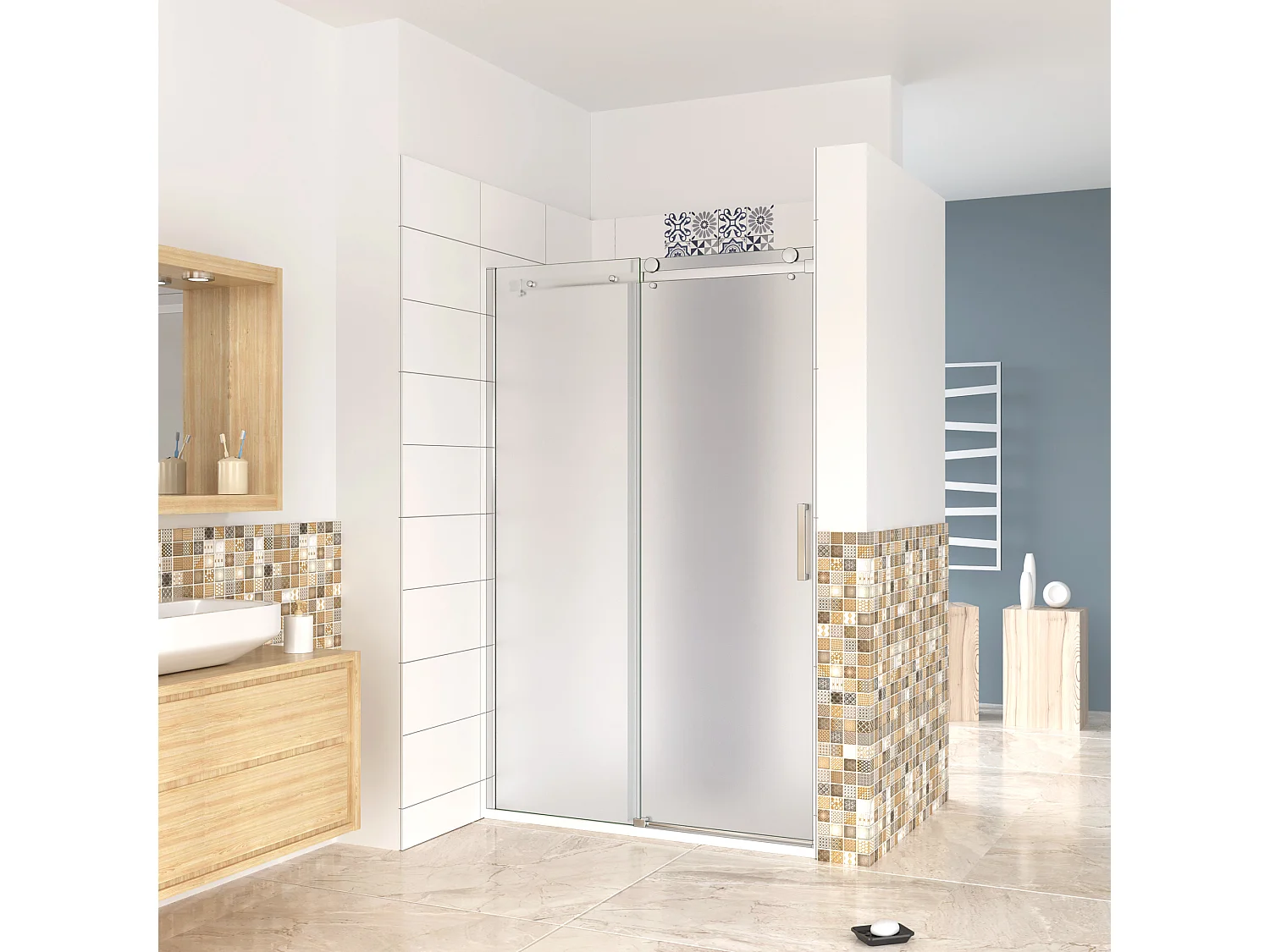 Box Doccia Per Nicchia Porta Scorrevole Ingresso Destro Vetro 8 mm Temperato Satinato Opaco Anticalcare 140x195 cm