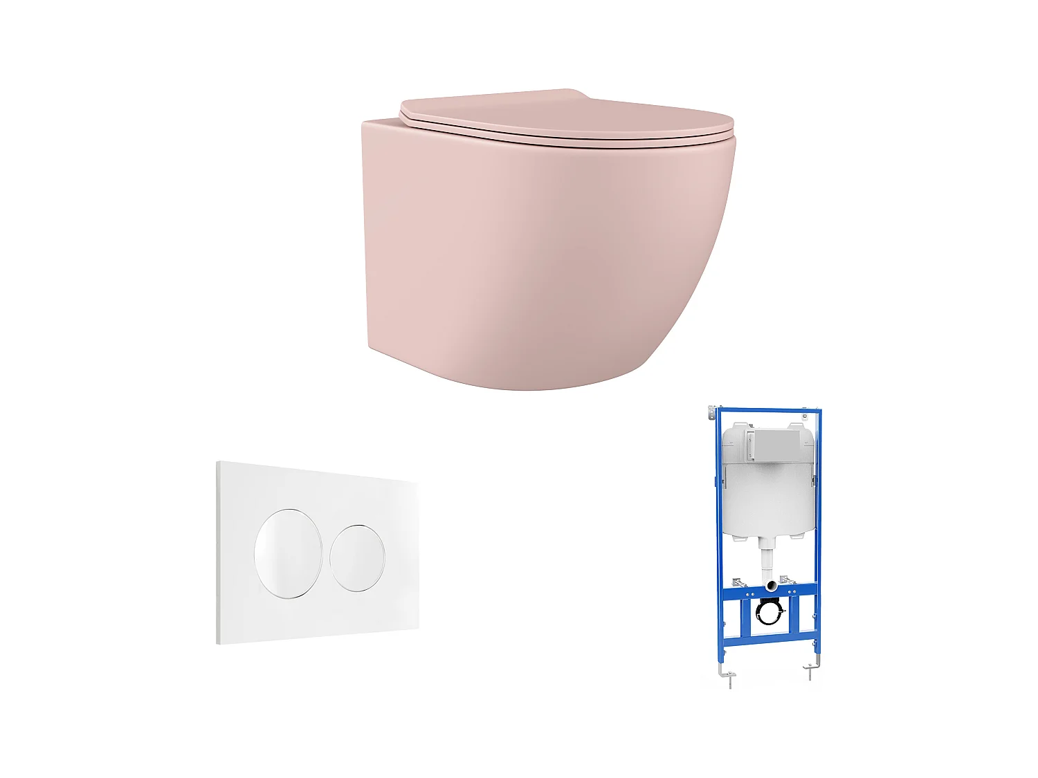 Inodoro flotante mate rosa con estructura de soporte y placa de activación - JAVOINE