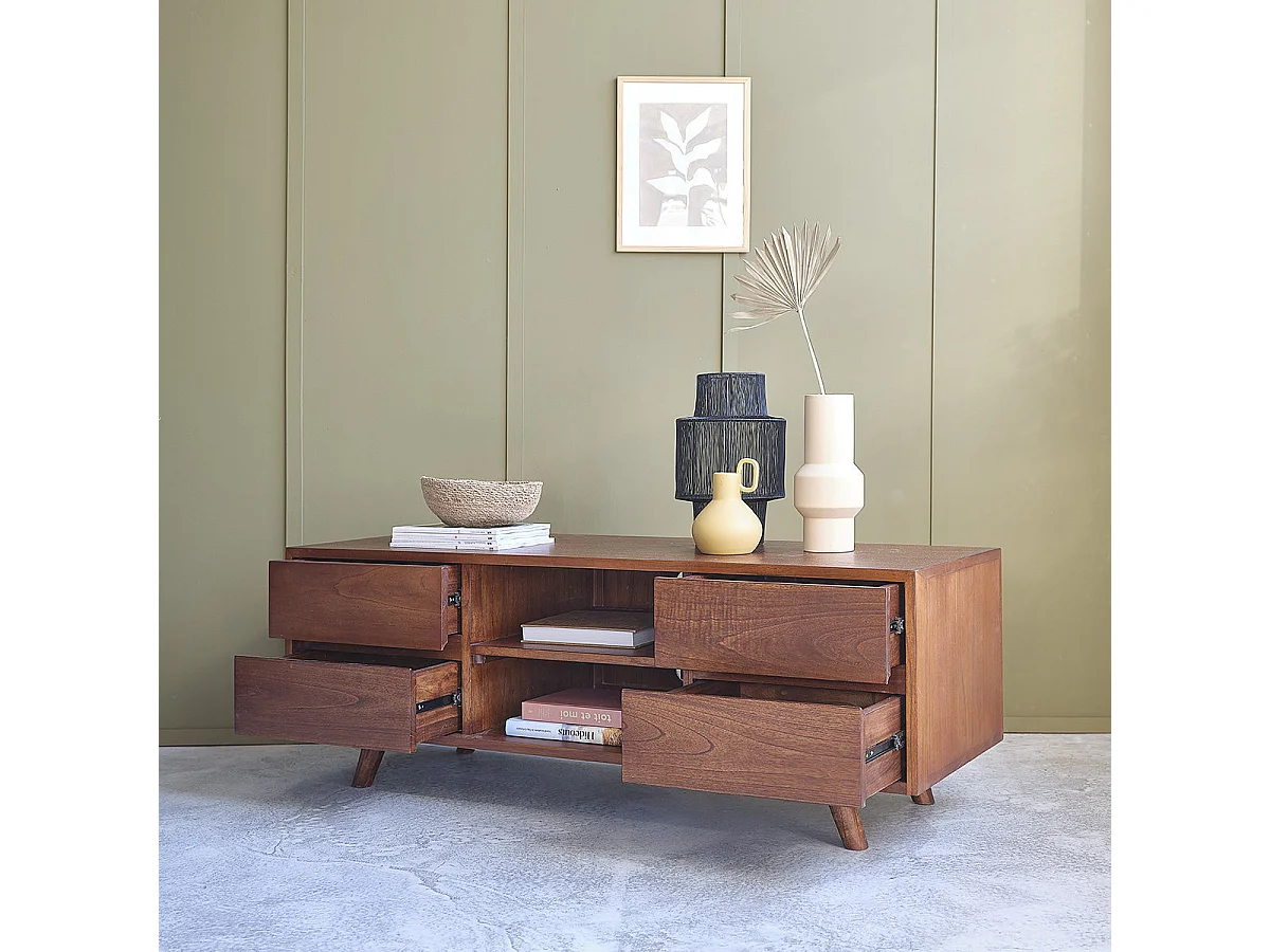 Mueble TV de madera de mindi maciza con acabado nogal 140 cm