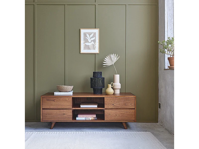 Meuble TV en mindi massif finition noyer 140 cm