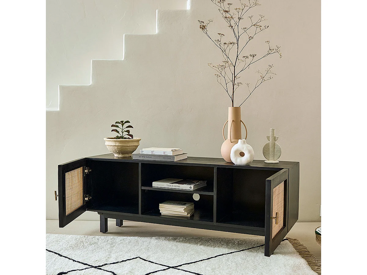 Mobile TV in mango massello nero e vimini 120 cm