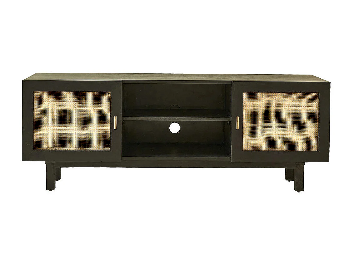 Mobile TV in mango massello nero e vimini 120 cm