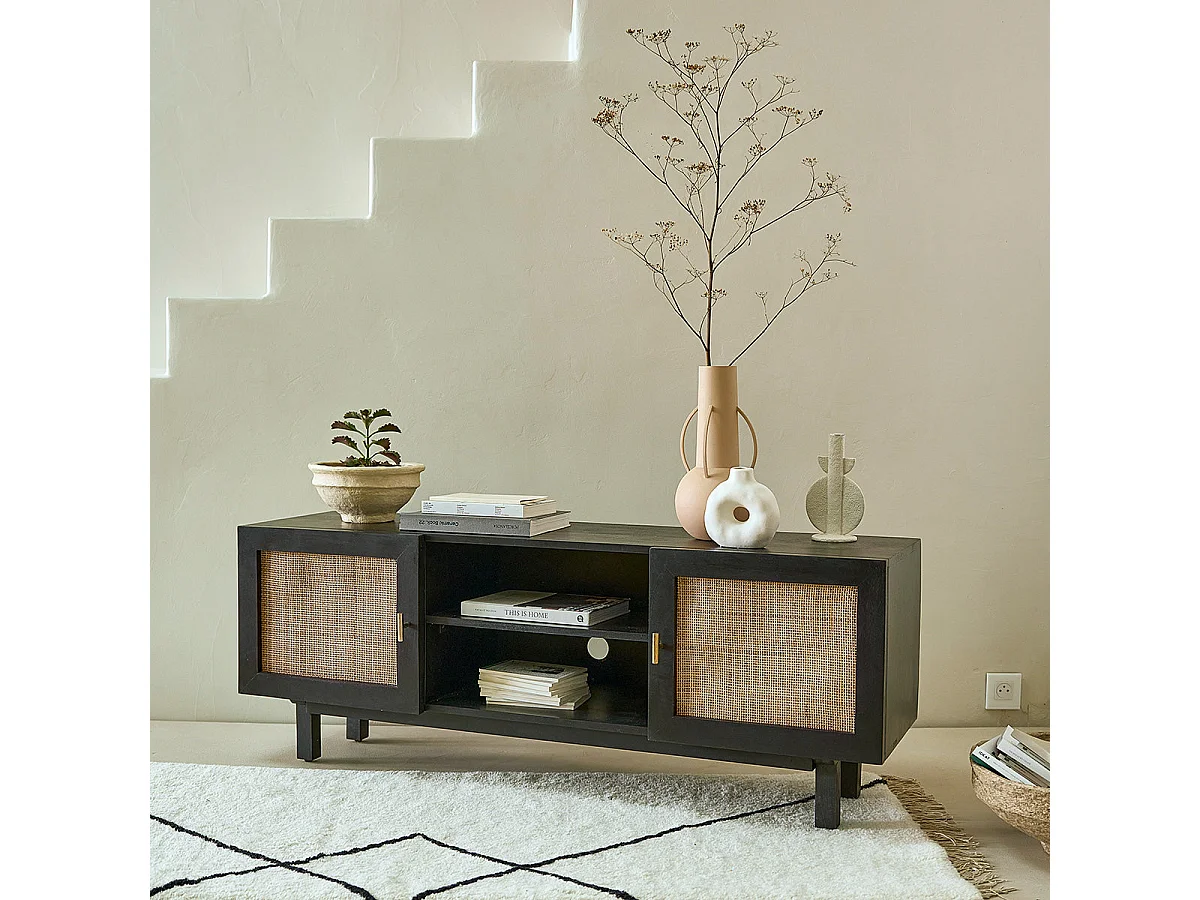 Mobile TV in mango massello nero e vimini 120 cm