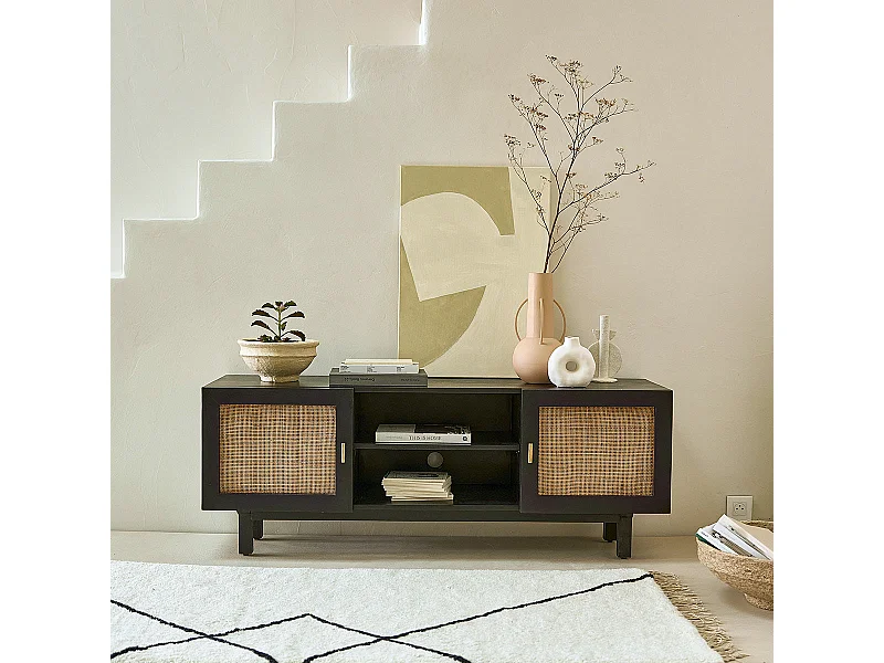 Meuble TV en manguier massif et cannage 140 cm