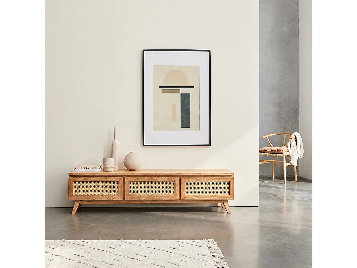 Meuble TV en mindi massif et cannage 160 cm