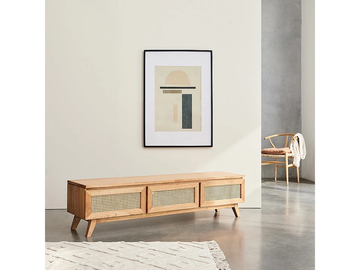 Meuble TV en mindi massif et cannage 160 cm