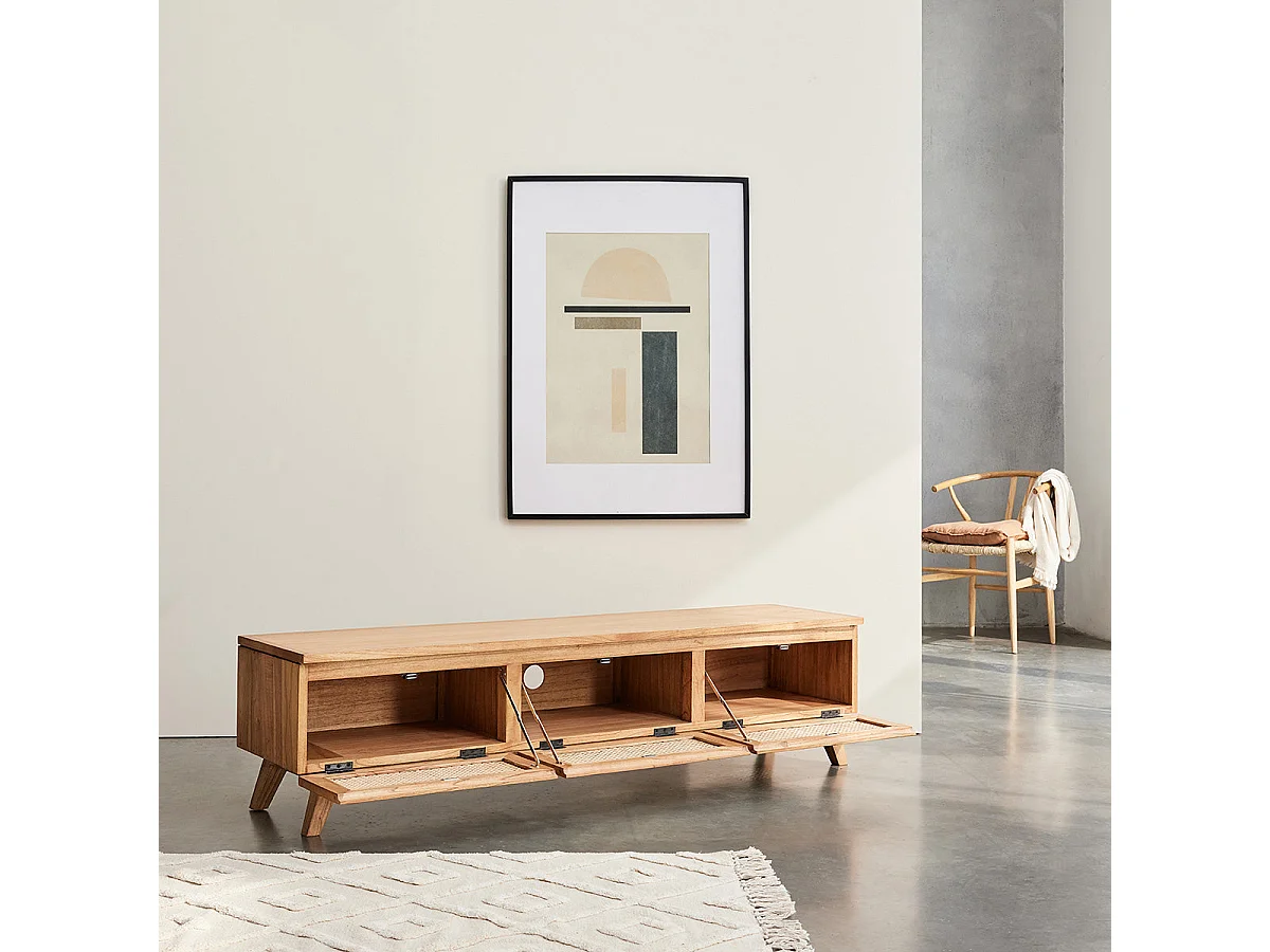 Meuble TV en mindi massif et cannage 160 cm