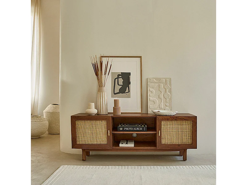 Mobile TV in mango massello finitura noce e vimini