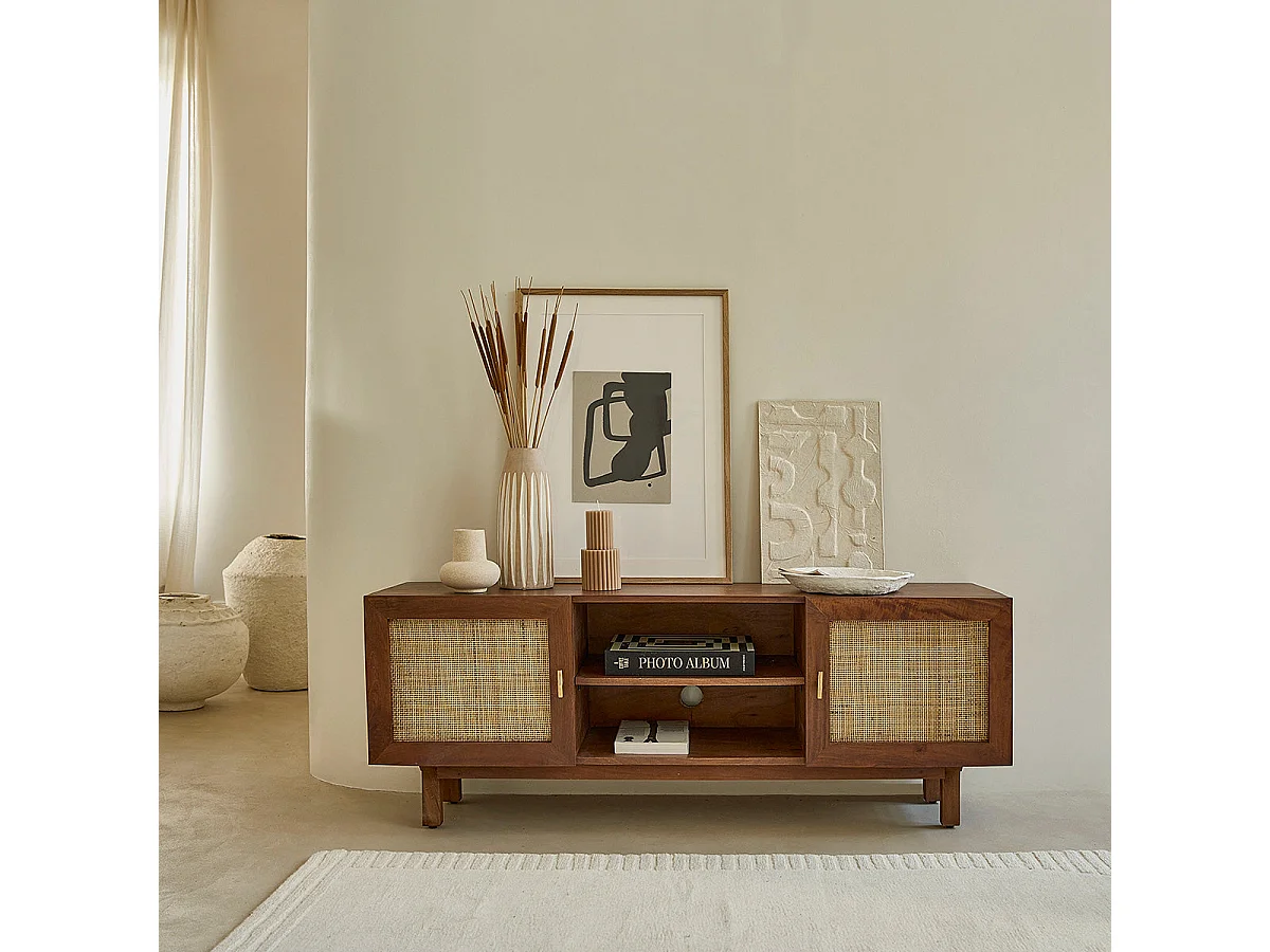 Mobile TV in mango massello finitura noce e vimini