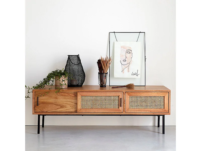 Mueble TV de madera de mindi maciza y rejilla 140 cm